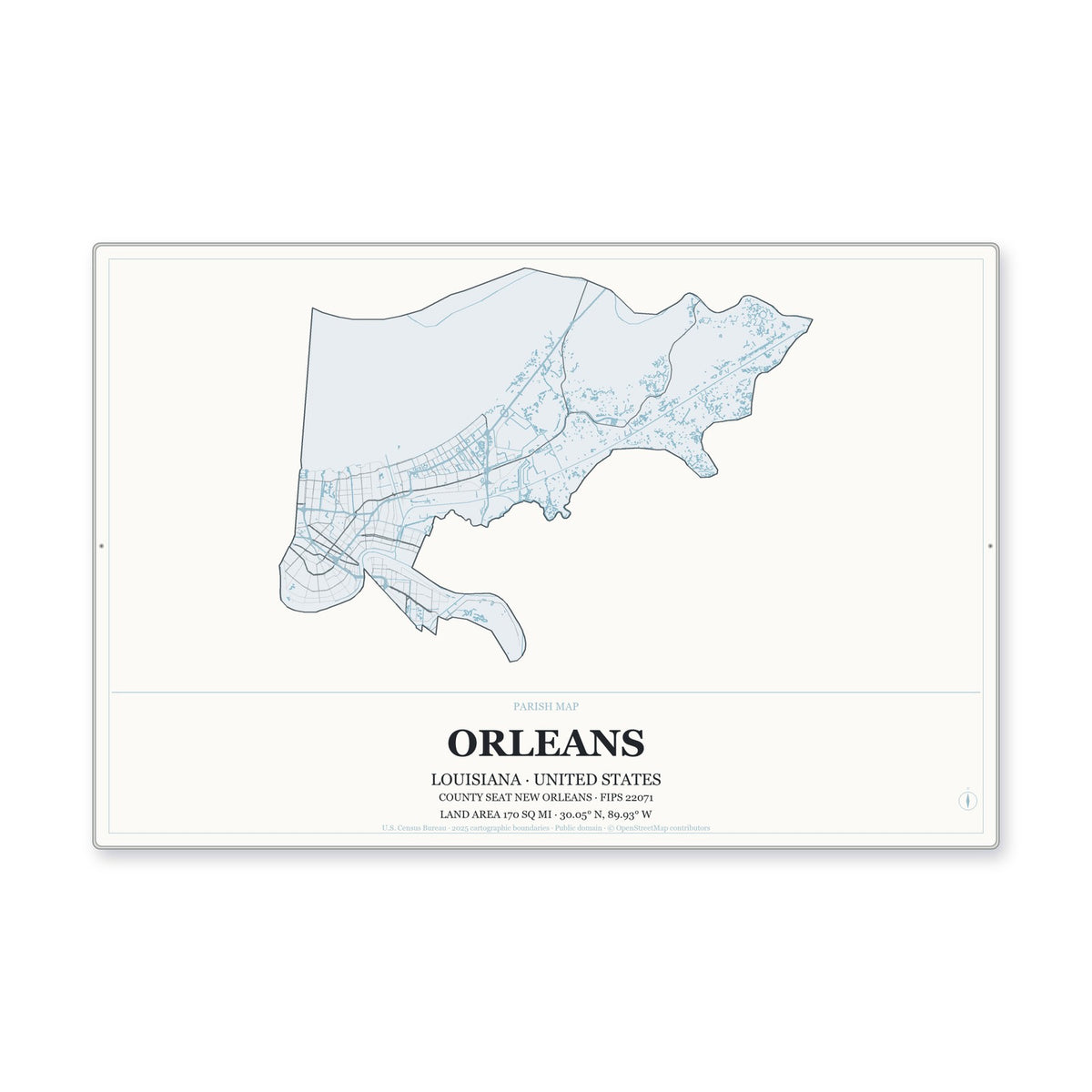 Orleans Parish, Louisiana Map Aluminum Sign in Gallery Air style
