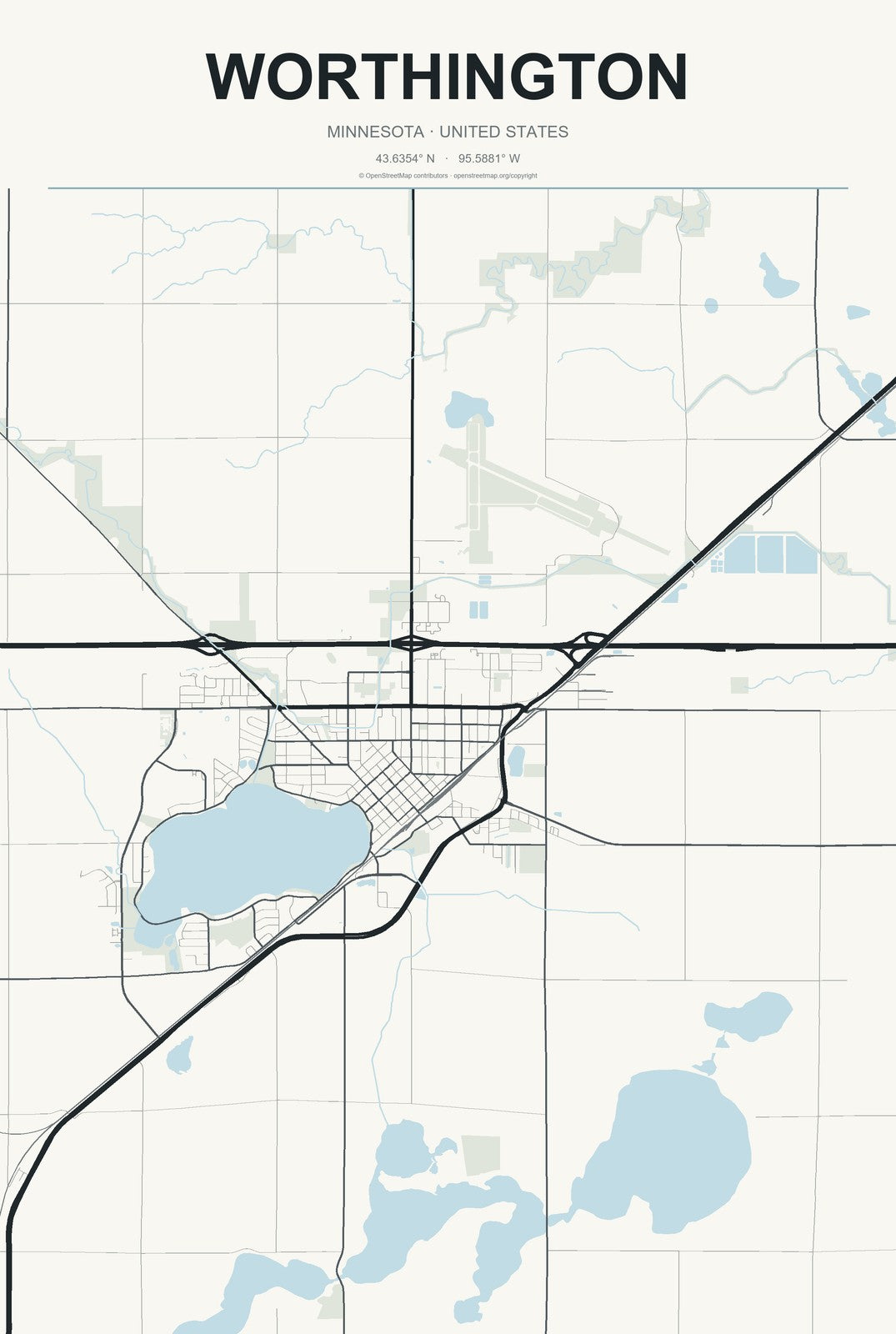 Worthington, Minnesota City Map Aluminum Sign in Headline Atlas style