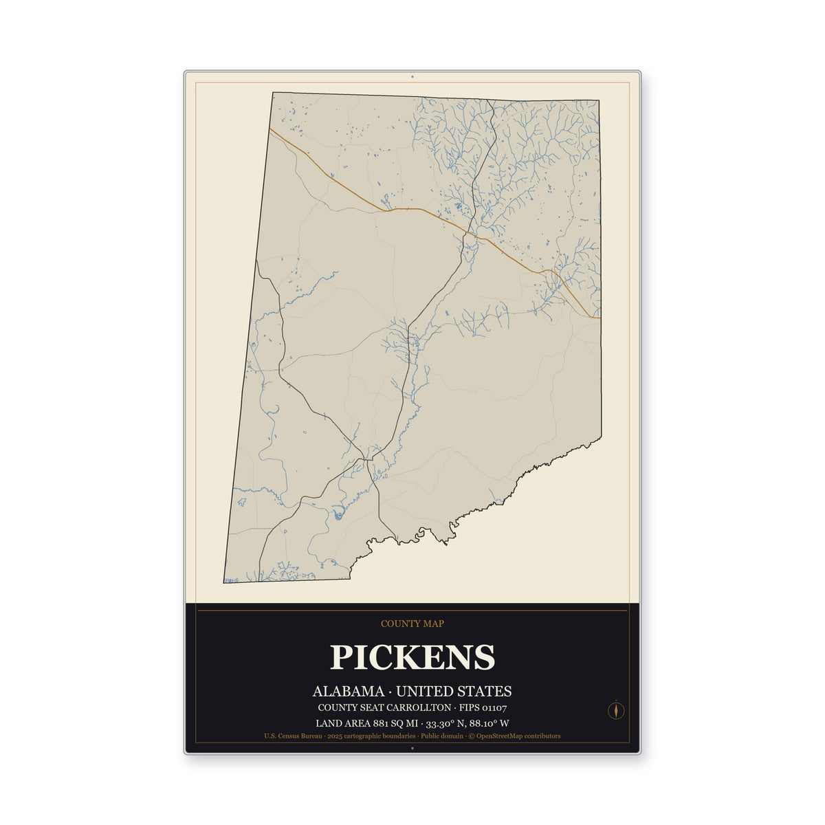 Pickens County, Alabama Map Aluminum Sign in Museum Plaque style
