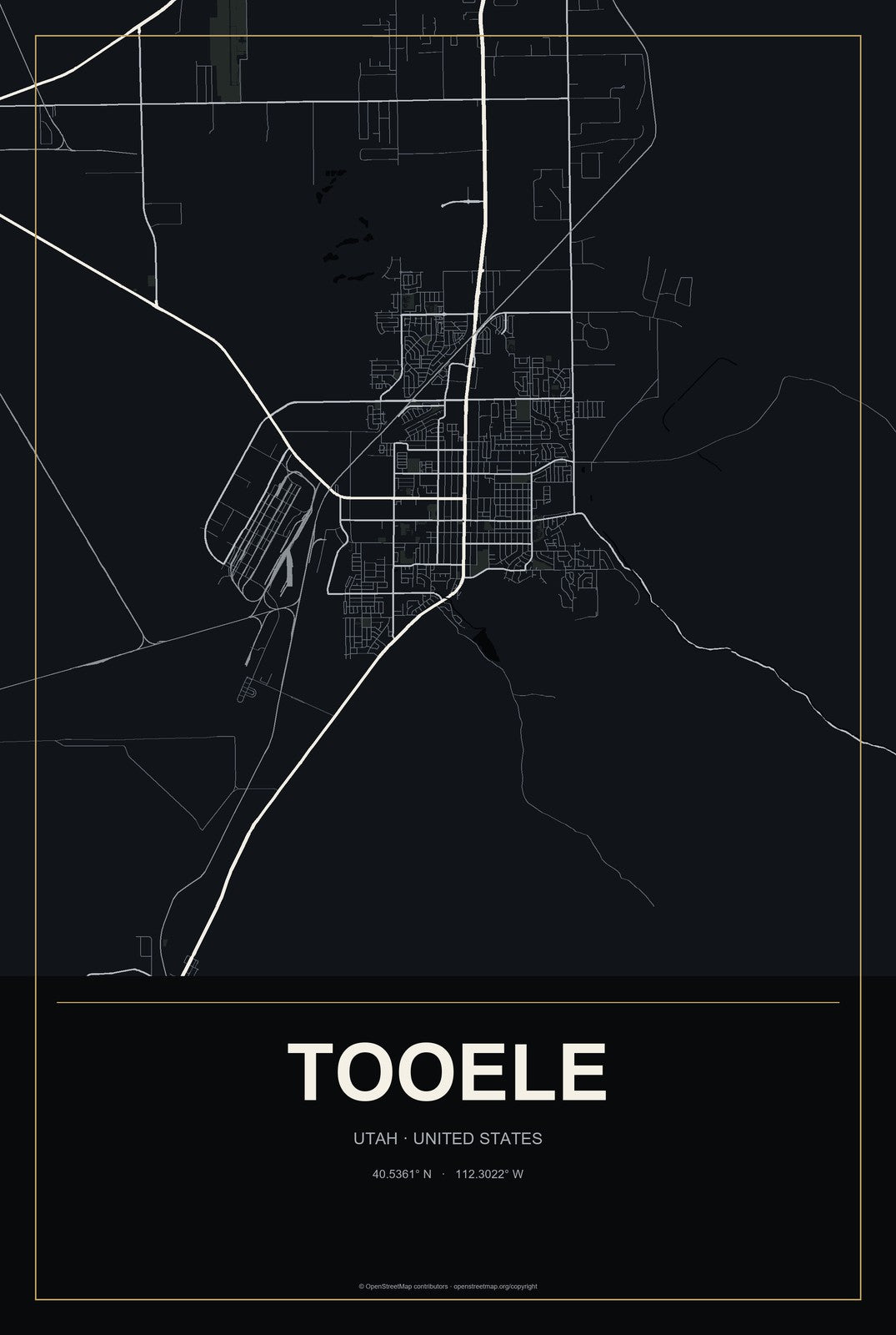 Tooele, Utah City Map Aluminum Sign in Metropolitan Noir style