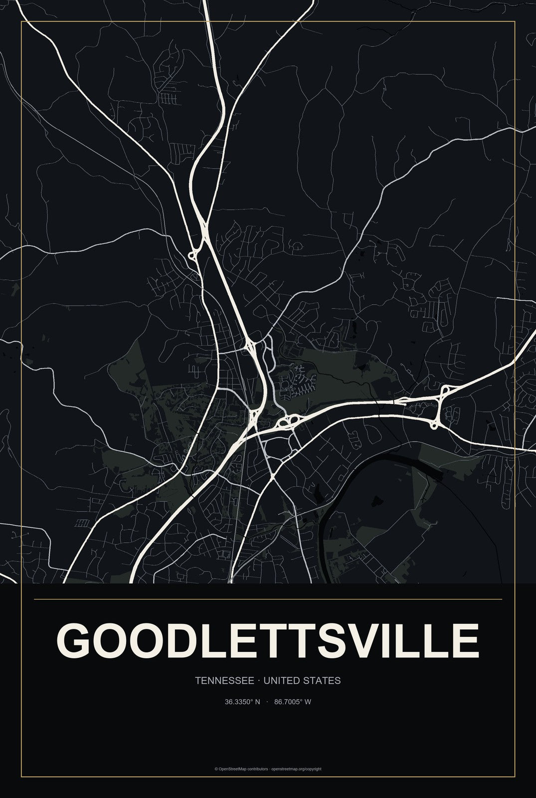 Goodlettsville, Tennessee City Map Aluminum Sign in Metropolitan Noir style