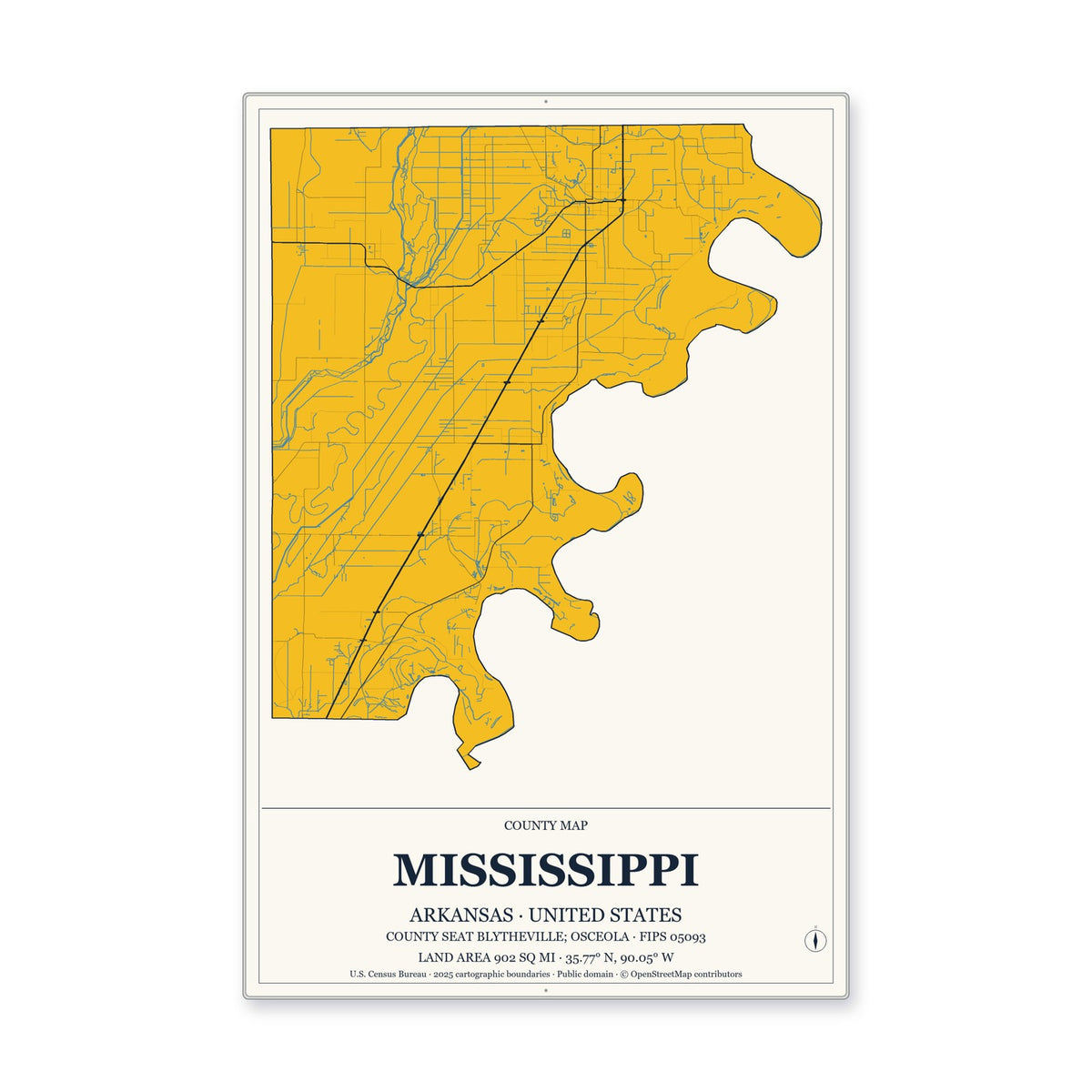 Mississippi County, Arkansas Map Aluminum Sign in Citrine Modern style