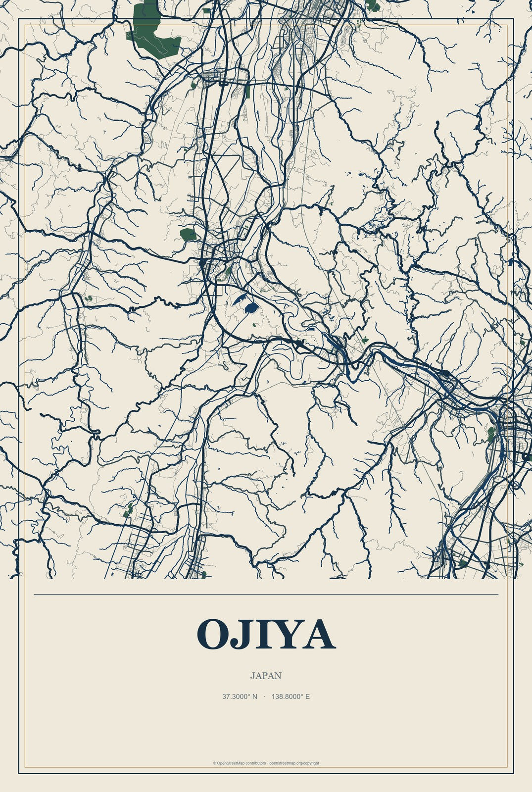 Ojiya, Japan City Map Aluminum Sign in Coastal Cutout style