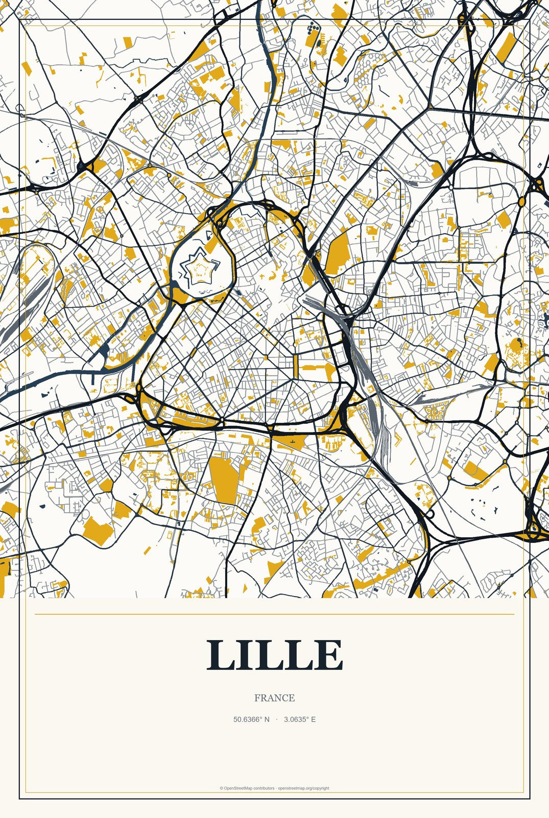 Lille, France City Map Aluminum Sign in Citrine Modern style