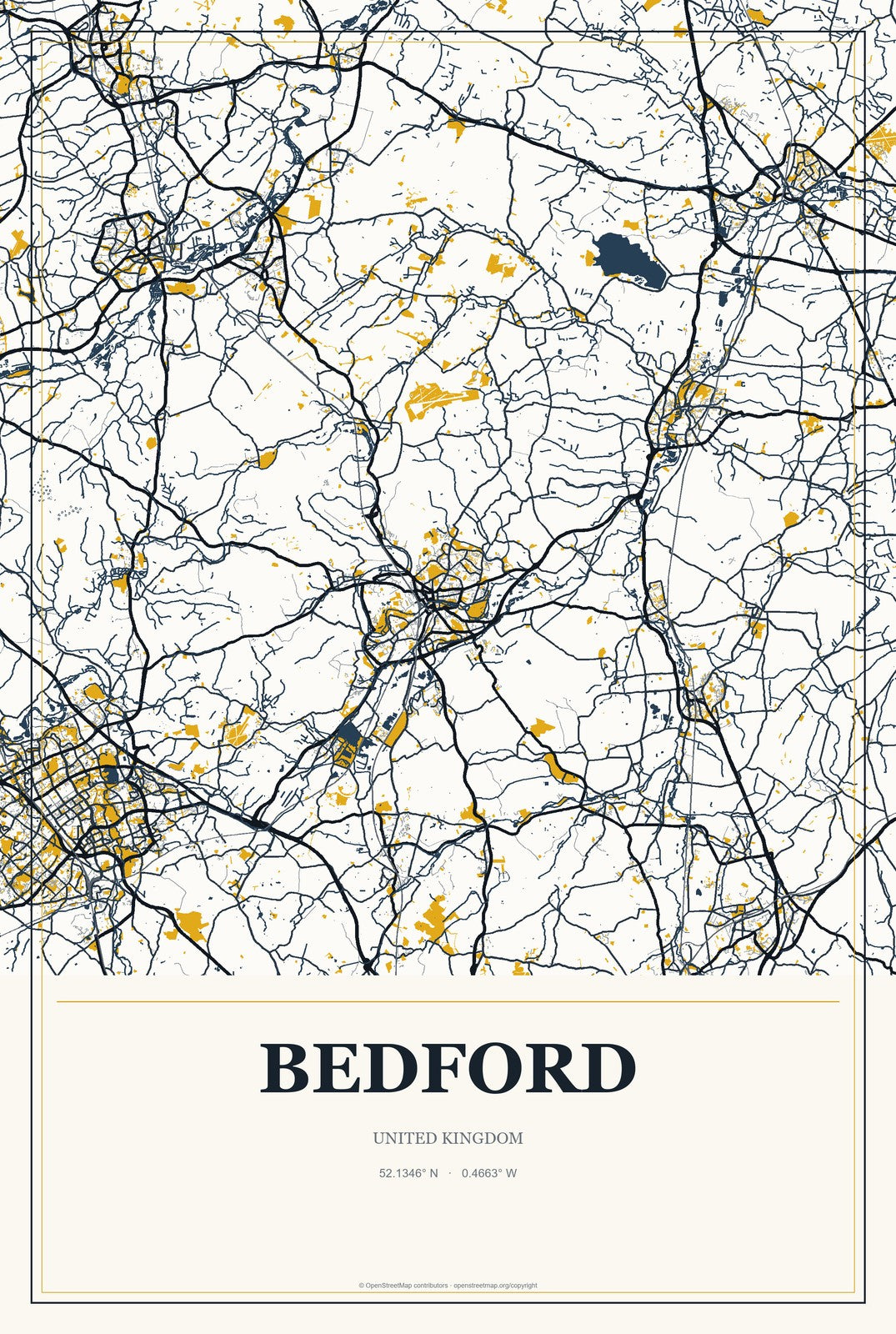Bedford, United Kingdom City Map Aluminum Sign in Citrine Modern style