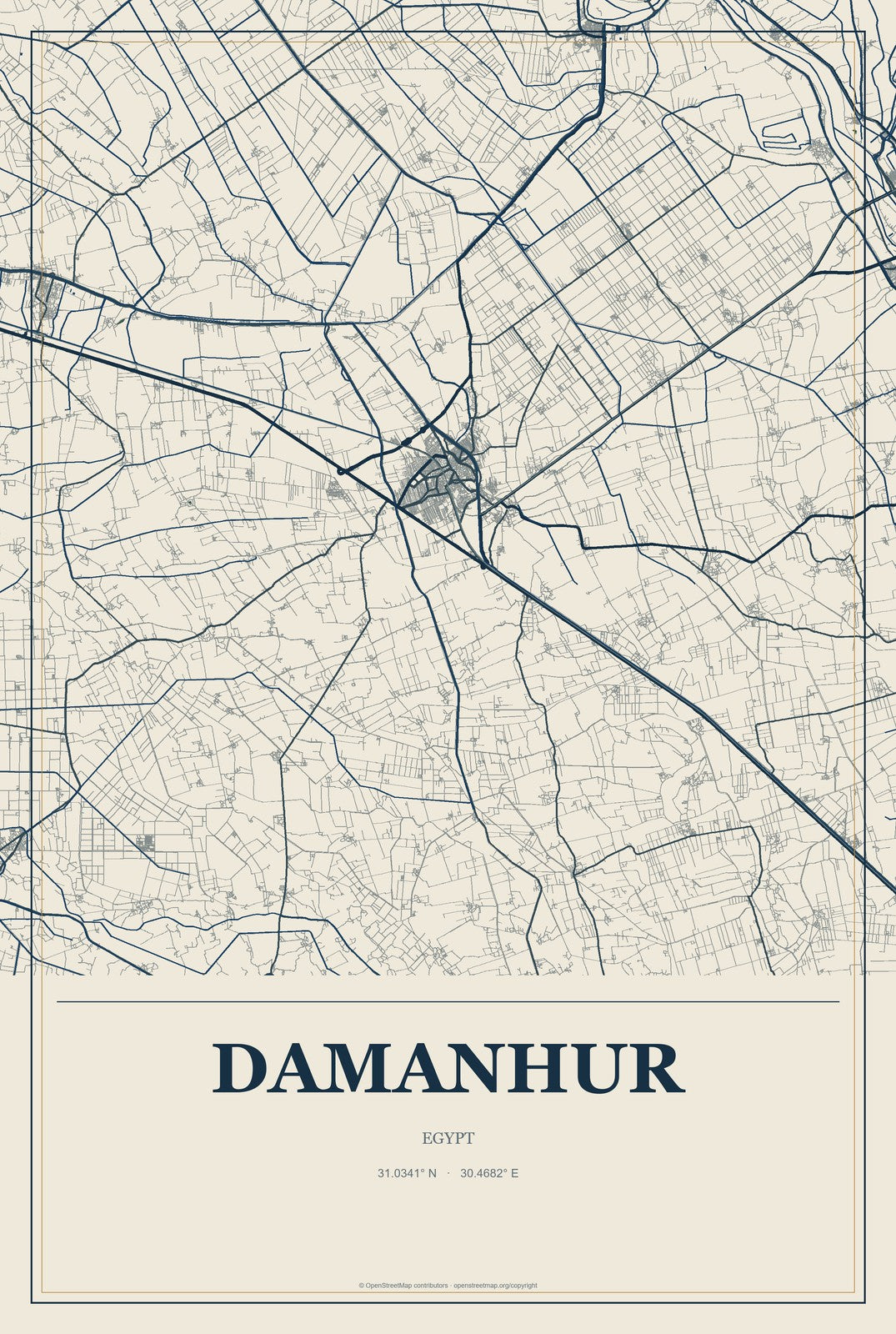Damanhur, Egypt City Map Aluminum Sign in Coastal Cutout style