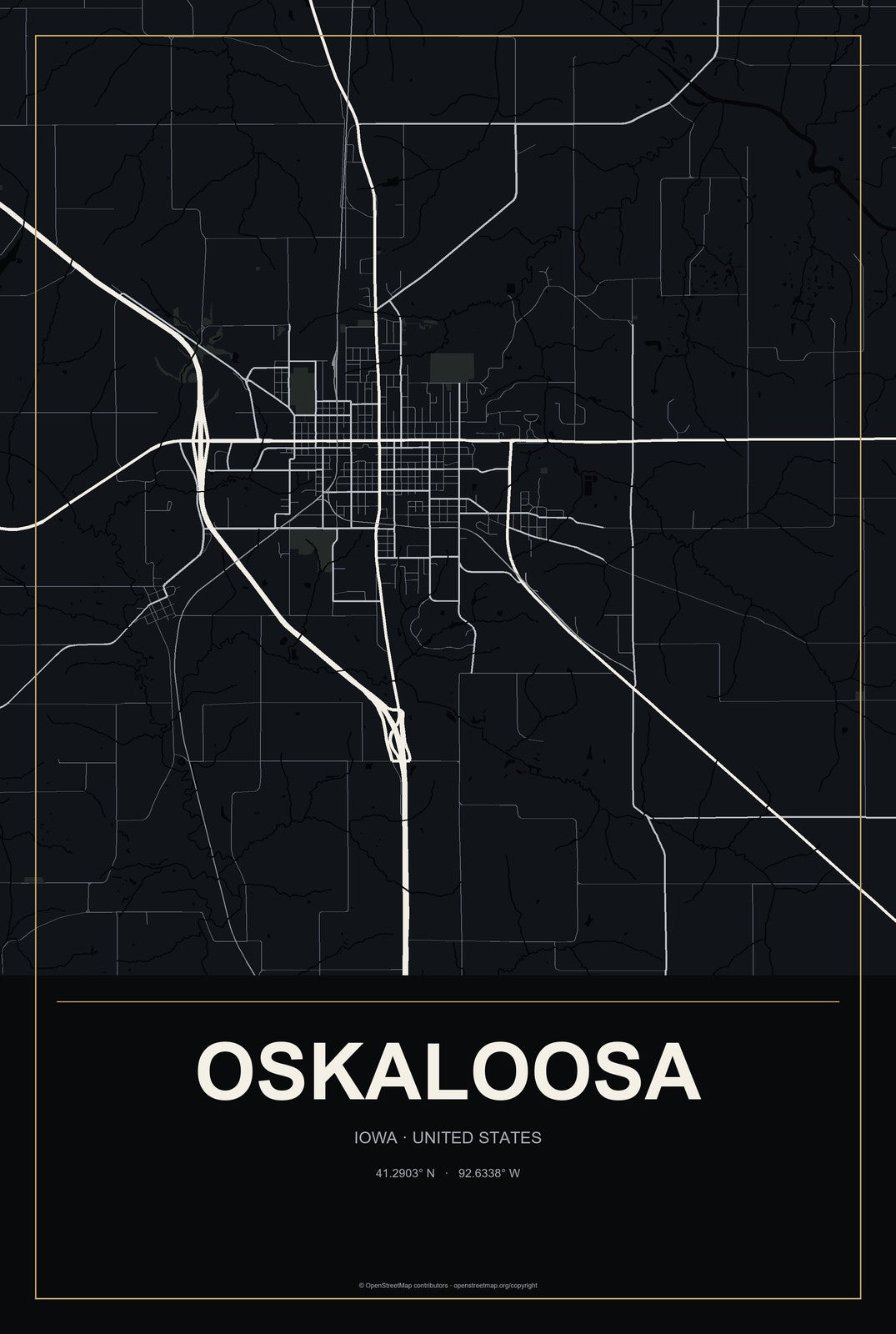 Oskaloosa, Iowa City Map Aluminum Sign in Metropolitan Noir style
