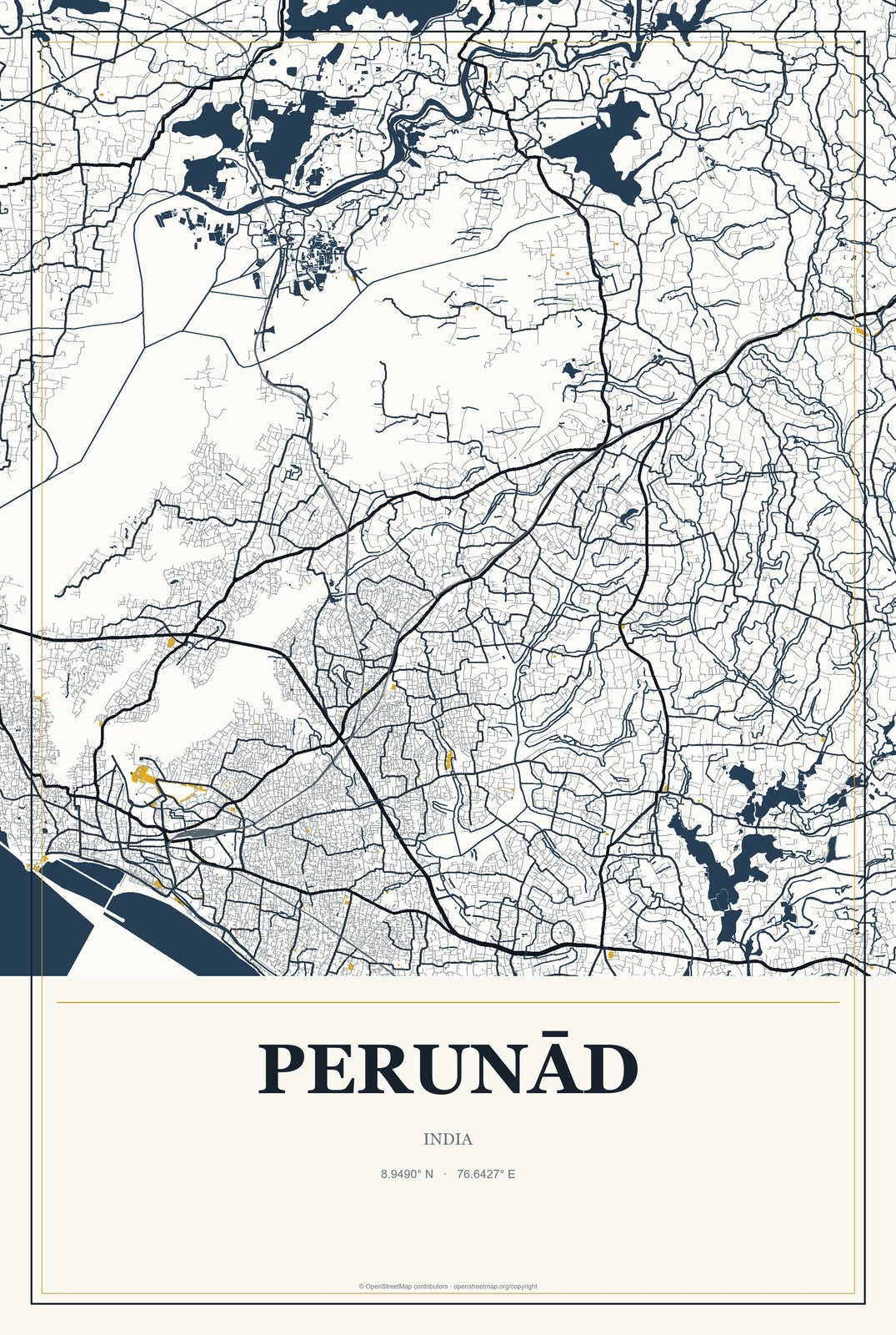 Perunād, India City Map Aluminum Sign in Citrine Modern style