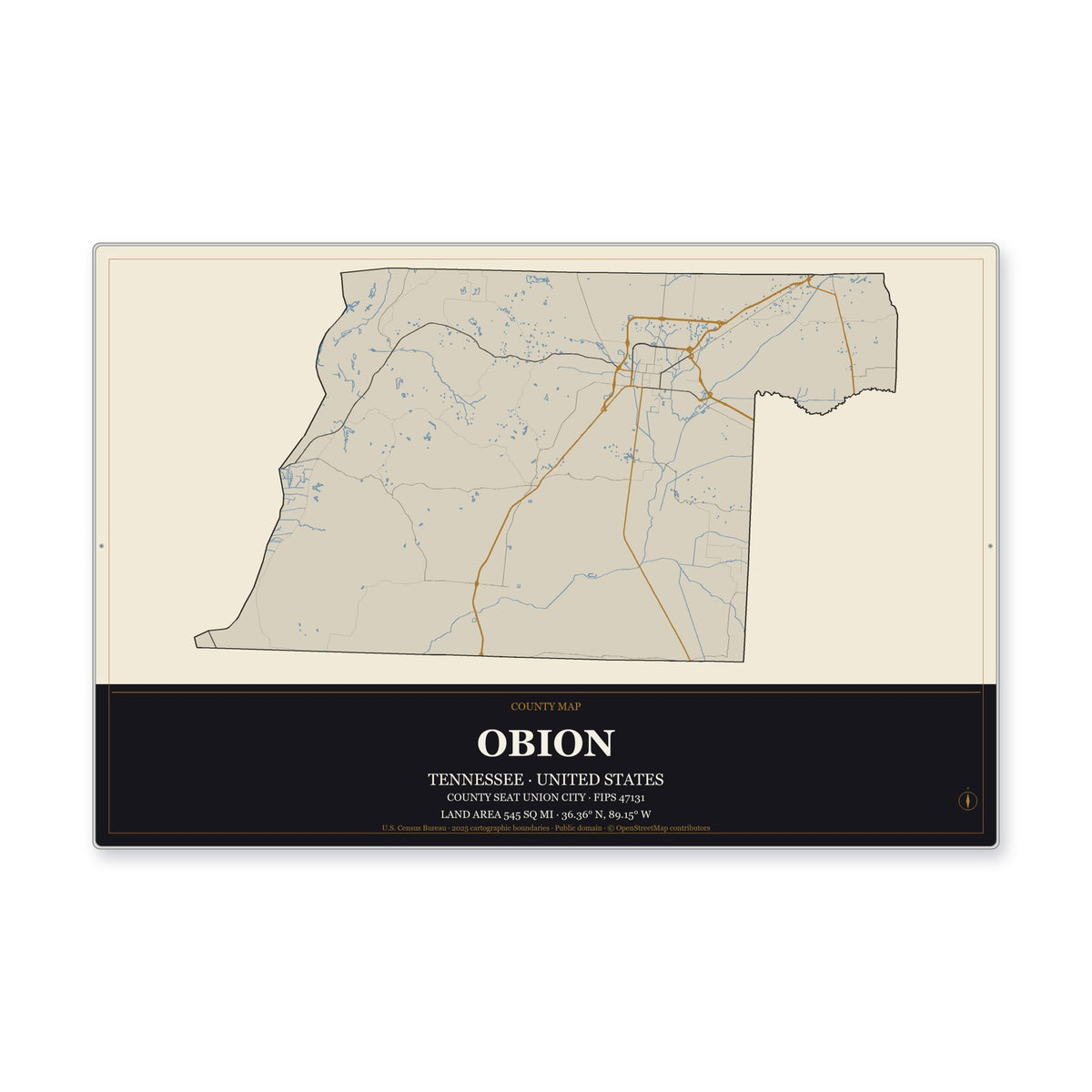 Obion County, Tennessee Map Aluminum Sign in Museum Plaque style