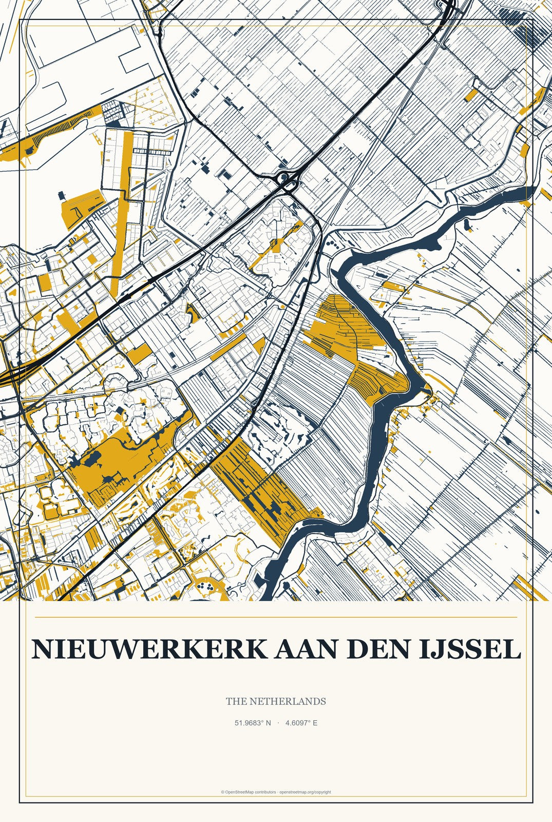 Nieuwerkerk aan den IJssel, The Netherlands City Map Aluminum Sign in Citrine Modern style