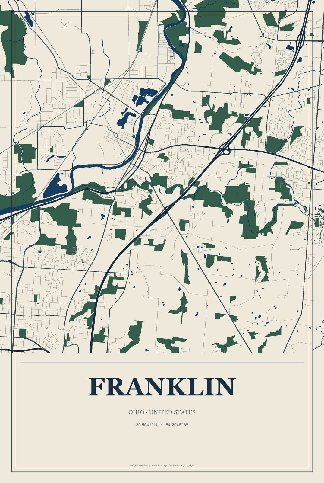 Franklin, Ohio City Map Aluminum Sign in Coastal Cutout style