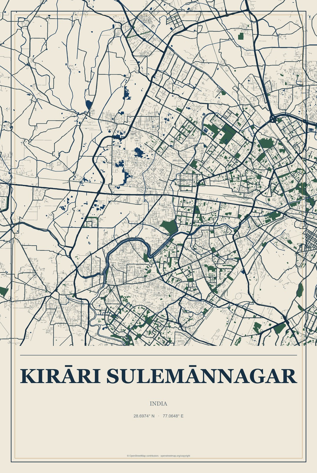 Kirāri Sulemānnagar, India City Map Aluminum Sign in Coastal Cutout style