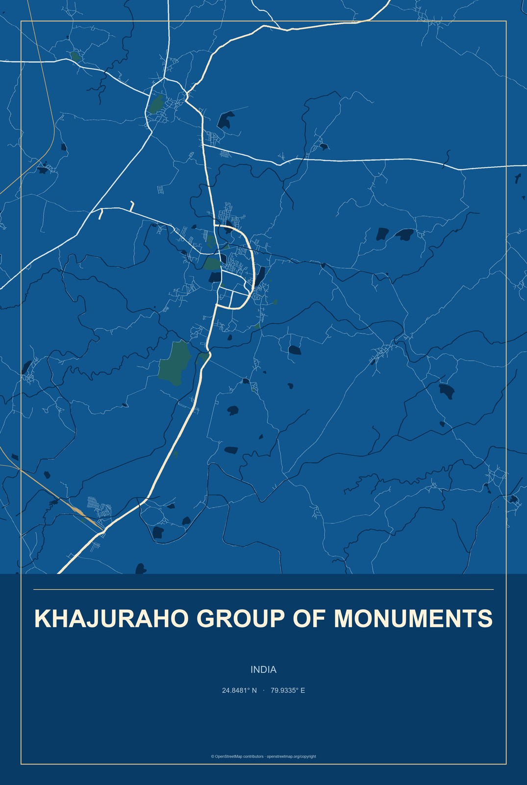 Khajuraho Group of Monuments, India City Map Aluminum Sign in Harbor Cobalt style