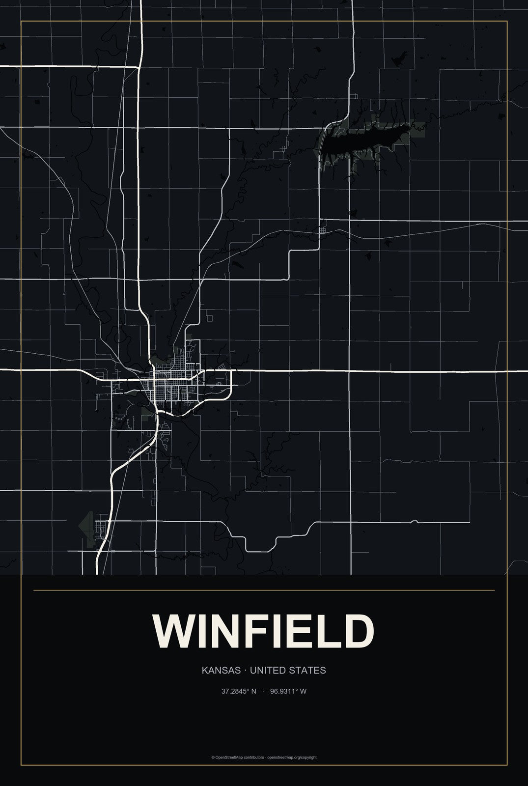 Winfield, Kansas City Map Aluminum Sign in Metropolitan Noir style