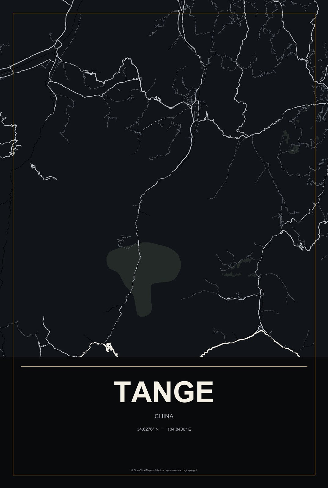 Tange, China City Map Aluminum Sign in Metropolitan Noir style
