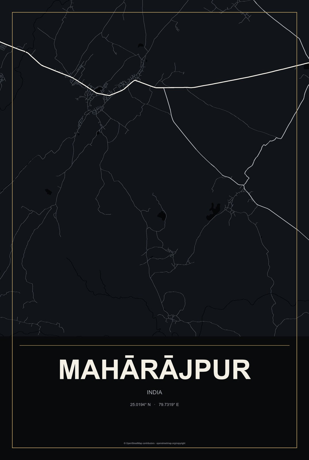 Mahārājpur, India City Map Aluminum Sign in Metropolitan Noir style