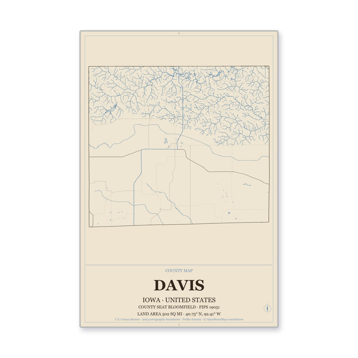 Davis County, Iowa Map Aluminum Sign in Heritage Nautical style