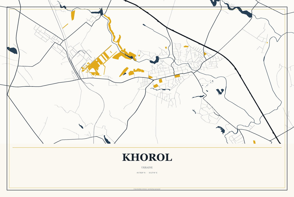 Khorol, Ukraine City Map Aluminum Sign in Citrine Modern style