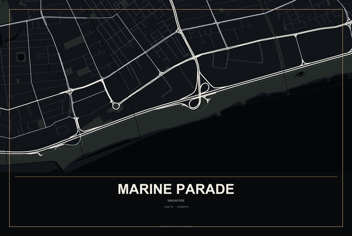Marine Parade, Singapore City Map Aluminum Sign in Metropolitan Noir style