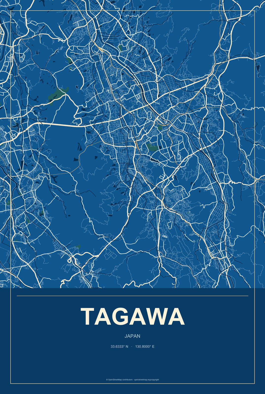 Tagawa, Japan City Map Aluminum Sign in Harbor Cobalt style