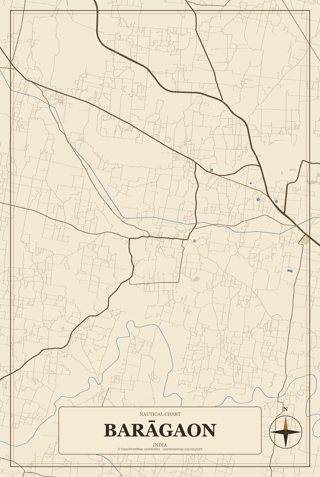 Barāgaon, India City Map Aluminum Sign in Heritage Nautical style