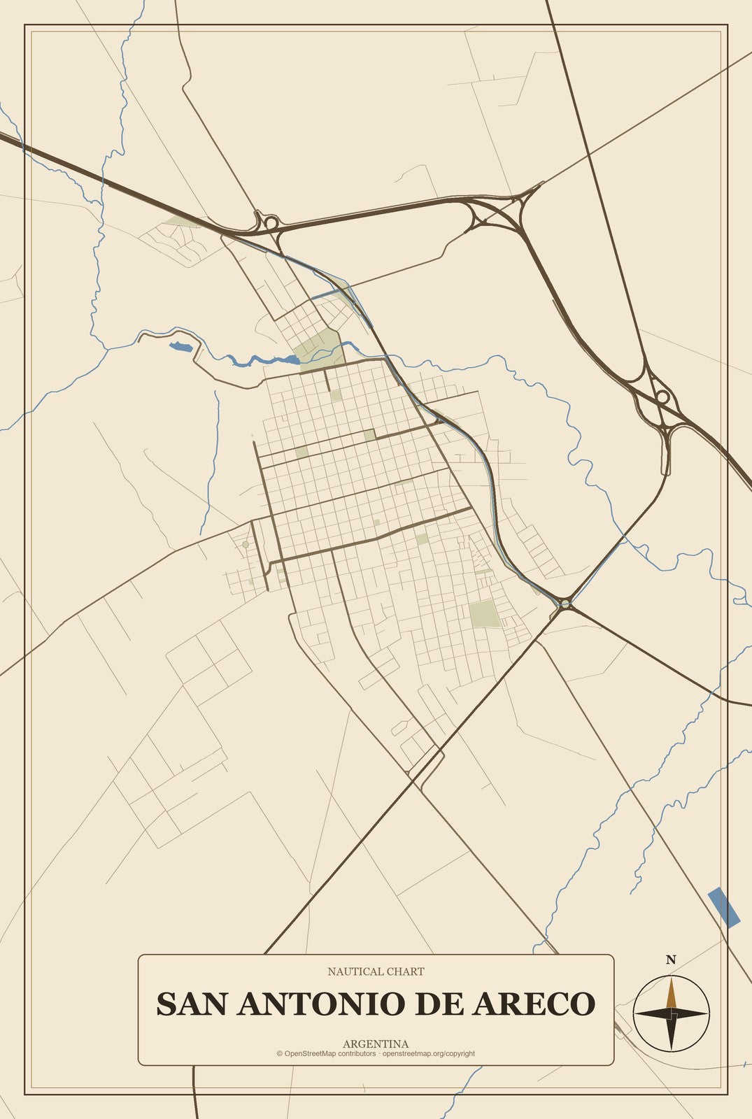 San Antonio de Areco, Argentina City Map Aluminum Sign in Heritage Nautical style