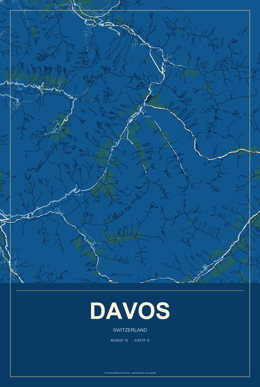 Davos, Switzerland City Map Aluminum Sign in Harbor Cobalt style
