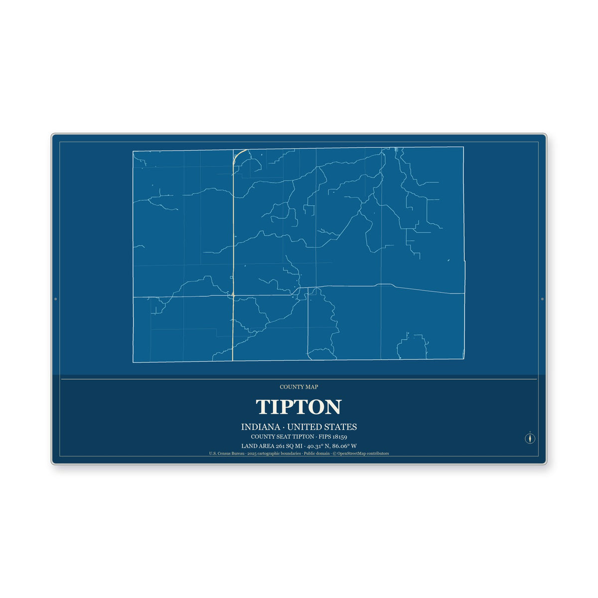 Tipton County, Indiana Map Aluminum Sign in Harbor Cobalt style