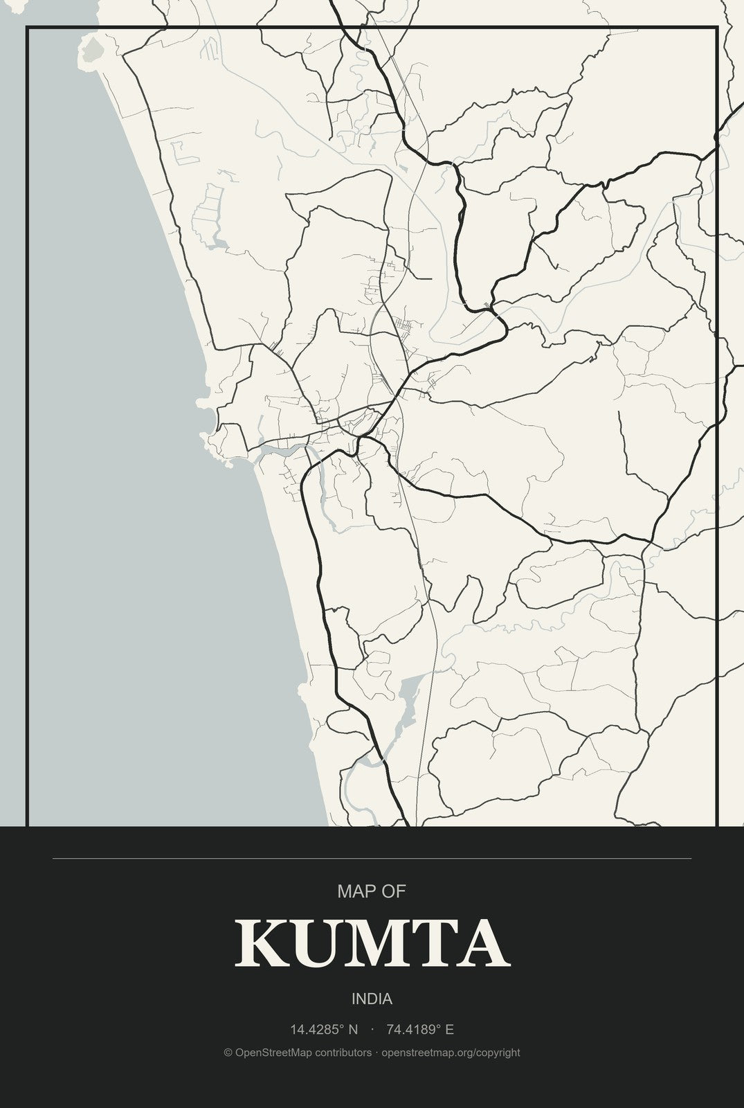 Kumta, India City Map Aluminum Sign in Museum Plaque style