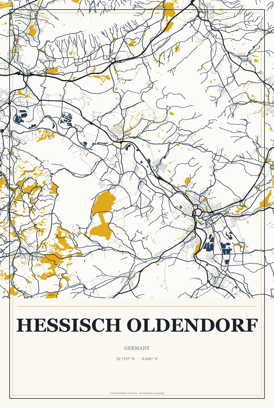 Hessisch Oldendorf, Germany City Map Aluminum Sign in Citrine Modern style