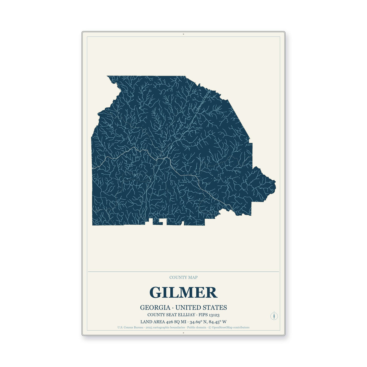 Gilmer County, Georgia Map Aluminum Sign in Coastal Cutout style