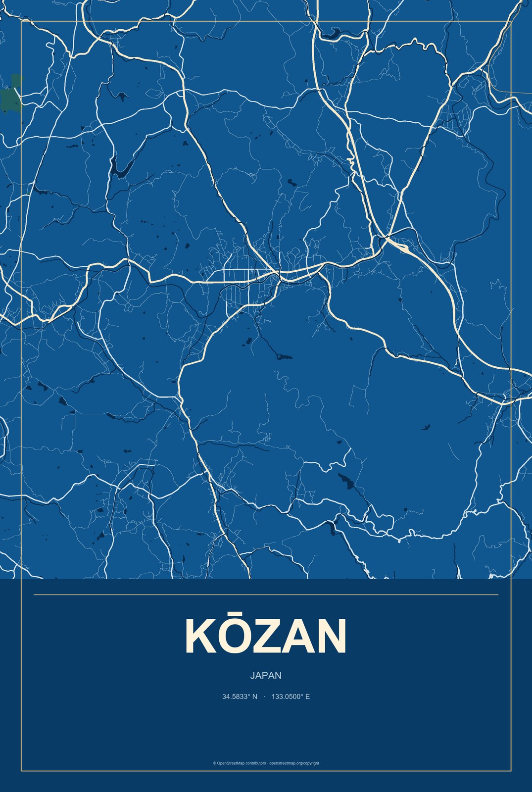 Kōzan, Japan City Map Aluminum Sign in Harbor Cobalt style