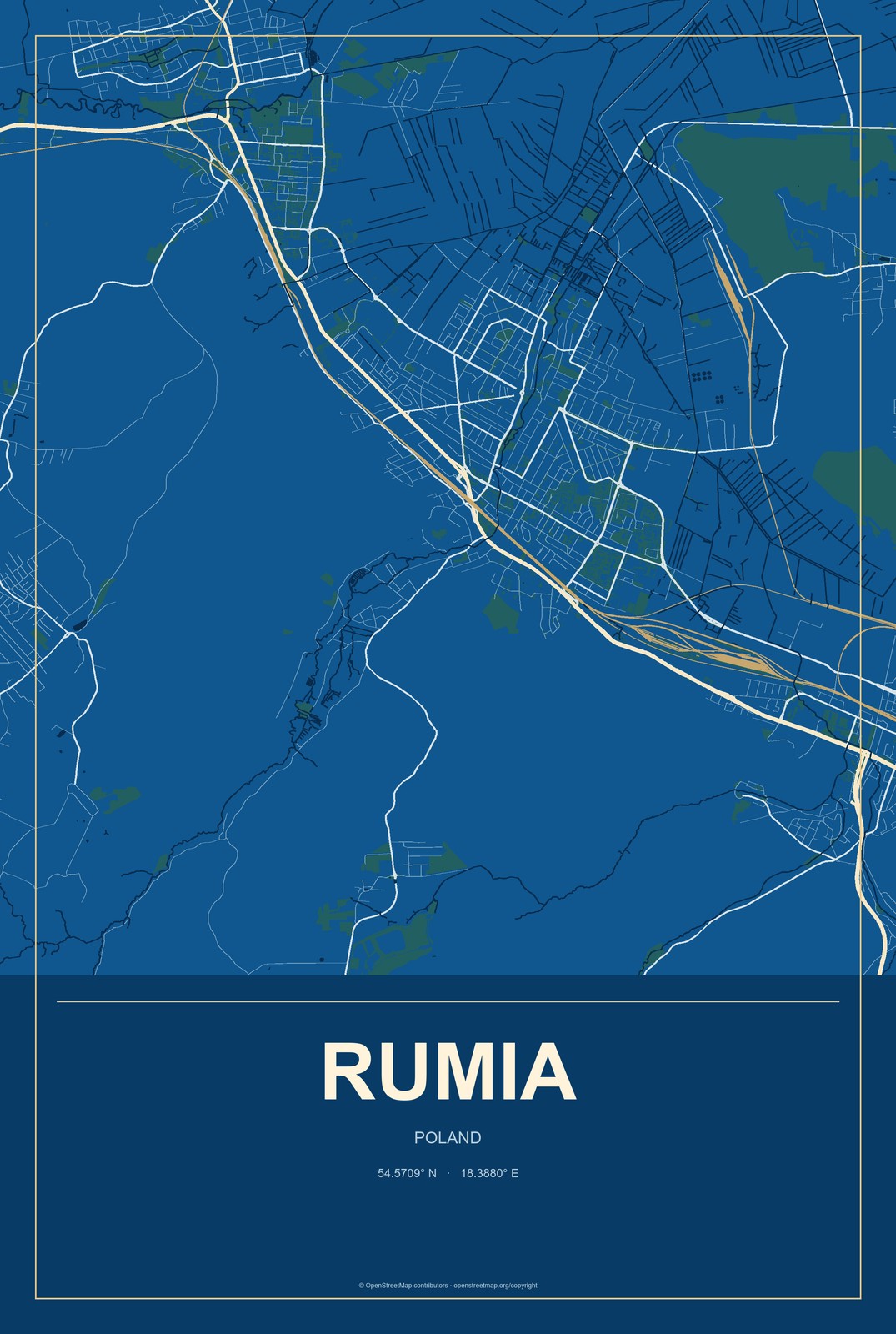Rumia, Poland City Map Aluminum Sign in Harbor Cobalt style