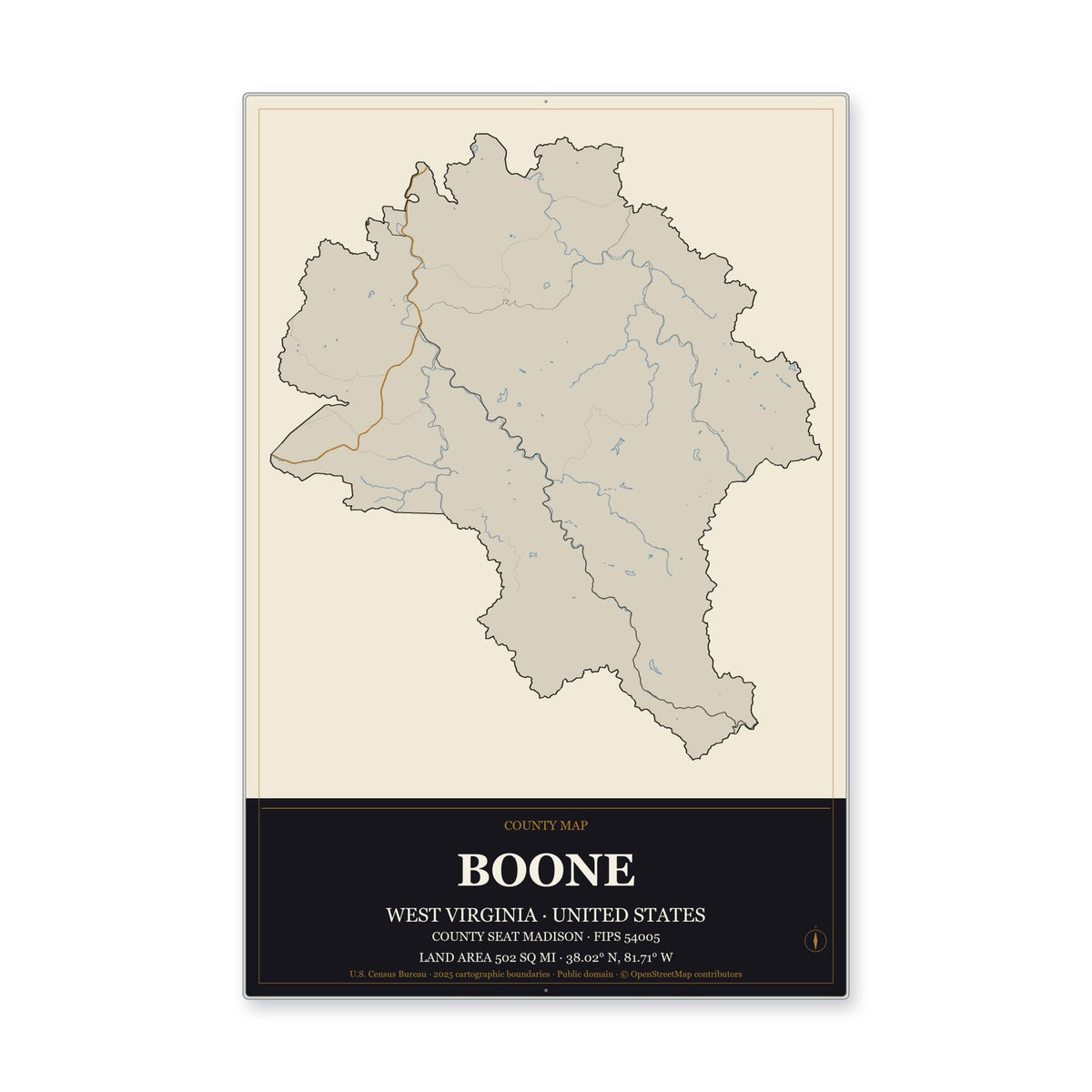 Boone County, West Virginia Map Aluminum Sign in Museum Plaque style
