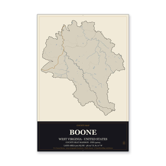 Boone County, West Virginia Map Aluminum Sign in Museum Plaque style