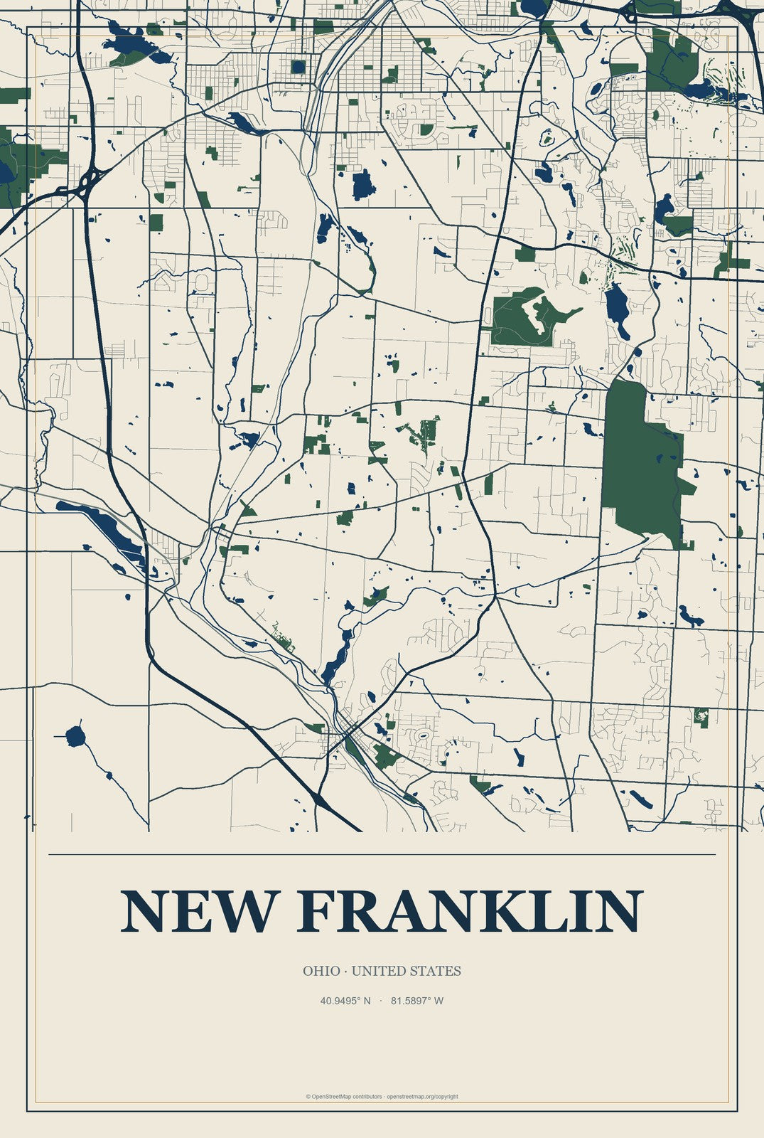 New Franklin, Ohio City Map Aluminum Sign in Coastal Cutout style