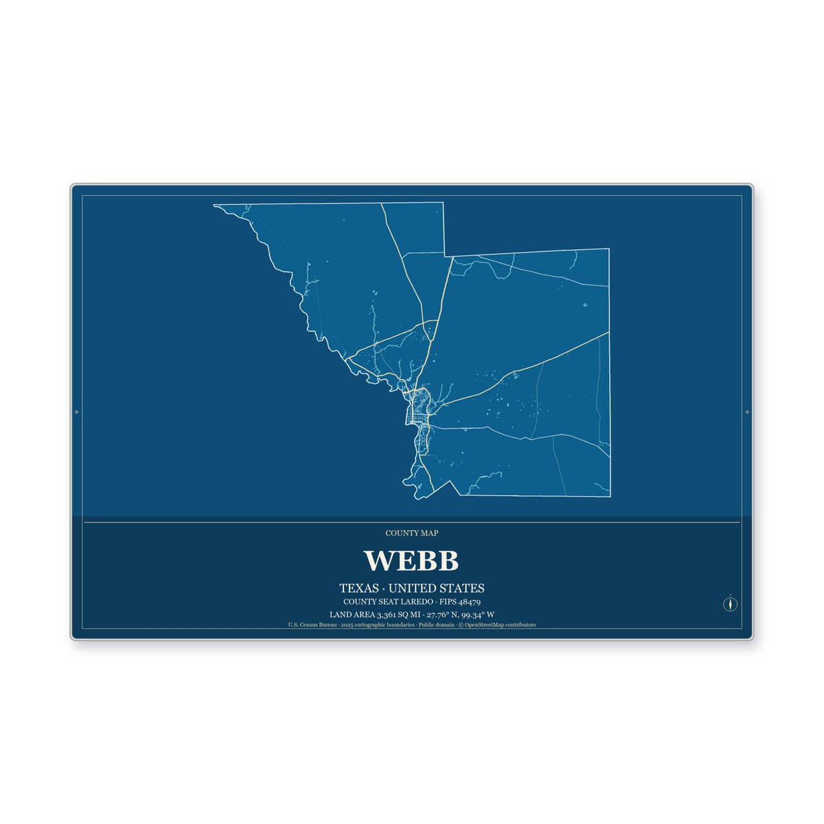Webb County, Texas Map Aluminum Sign in Harbor Cobalt style