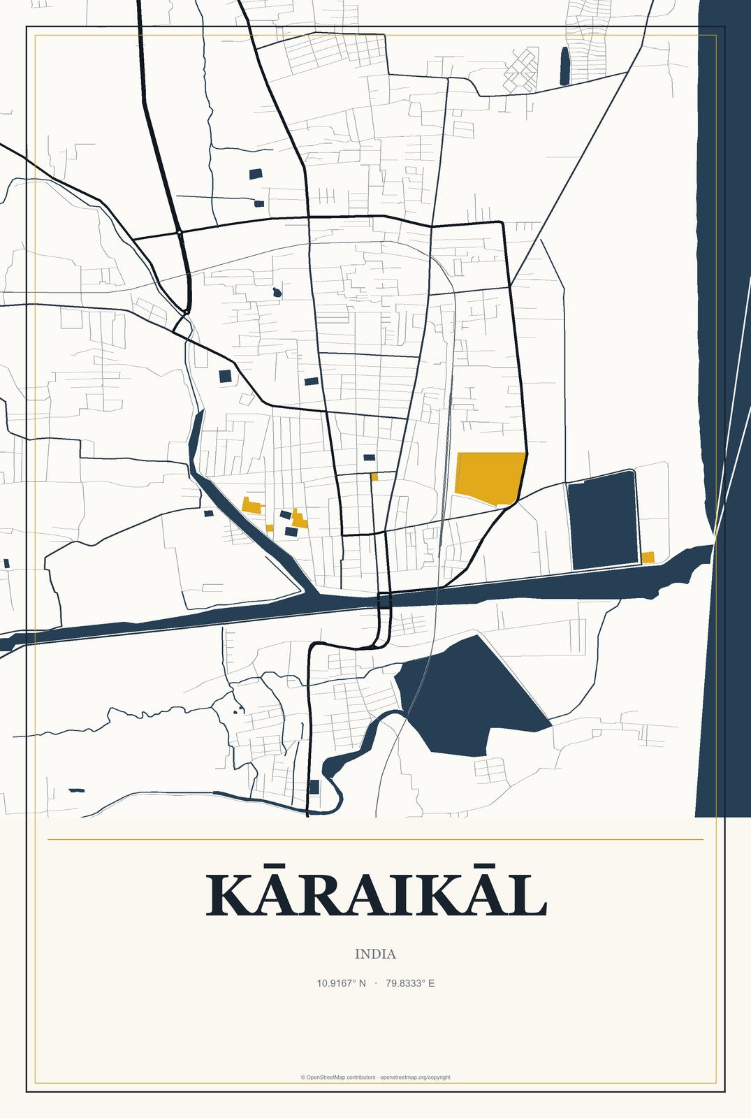 Kāraikāl, India City Map Aluminum Sign in Citrine Modern style