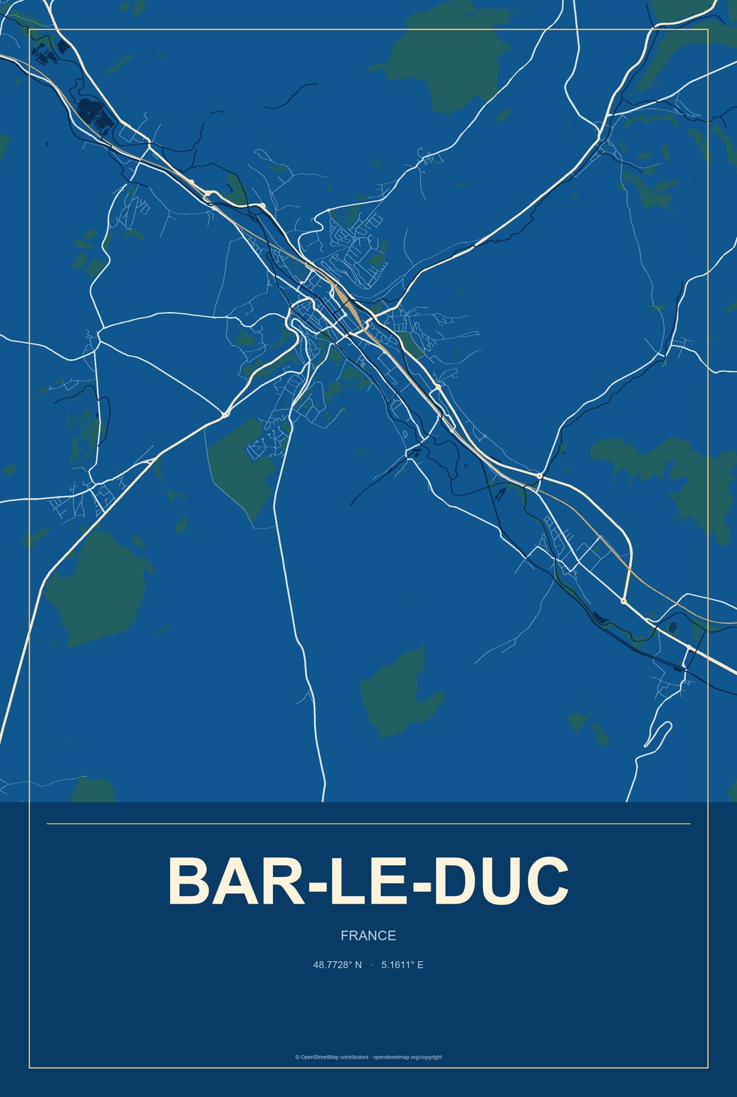 Bar-le-Duc, France City Map Aluminum Sign in Harbor Cobalt style