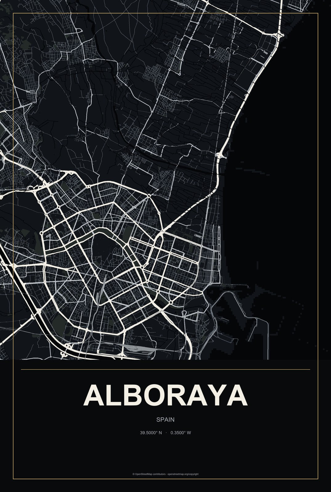 Alboraya, Spain City Map Aluminum Sign in Metropolitan Noir style