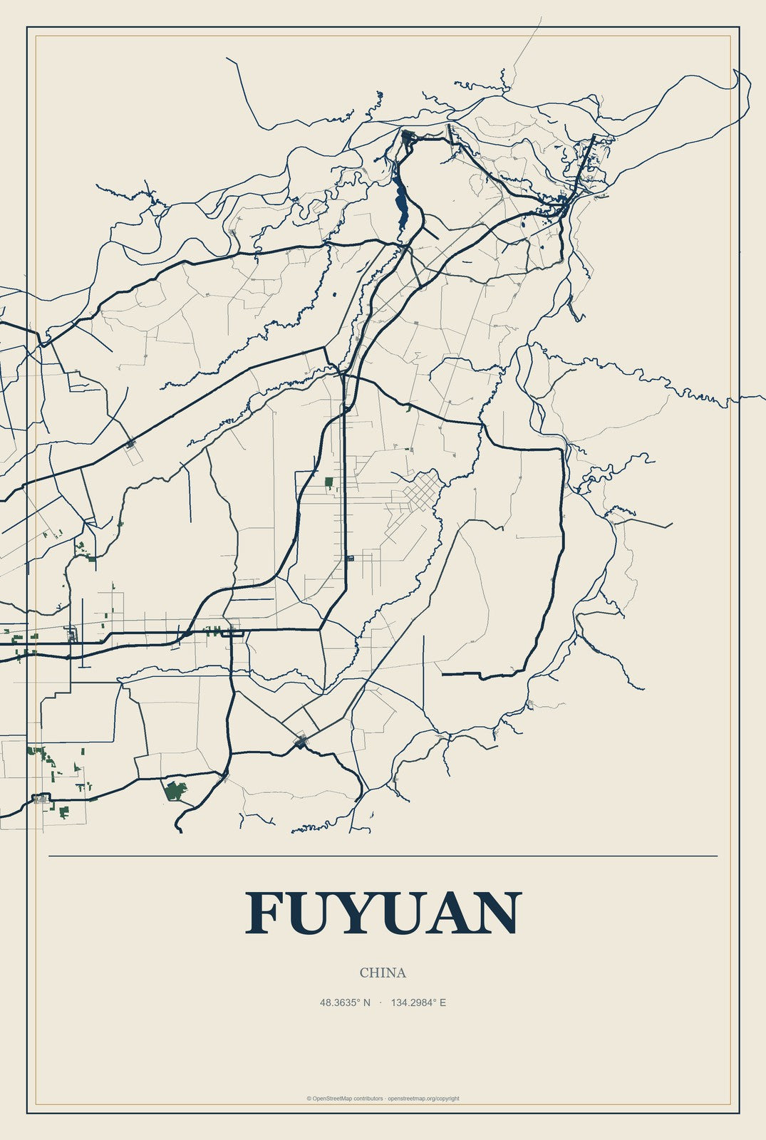 Fuyuan, China City Map Aluminum Sign in Coastal Cutout style