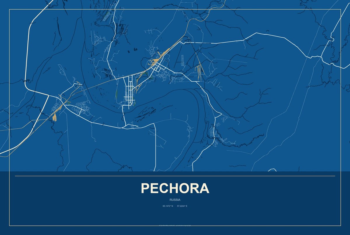 Pechora, Russia City Map Aluminum Sign in Harbor Cobalt style