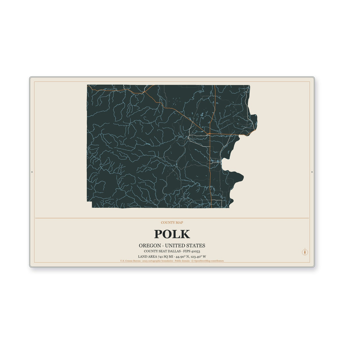 Polk County, Oregon Map Aluminum Sign in Headline Atlas style