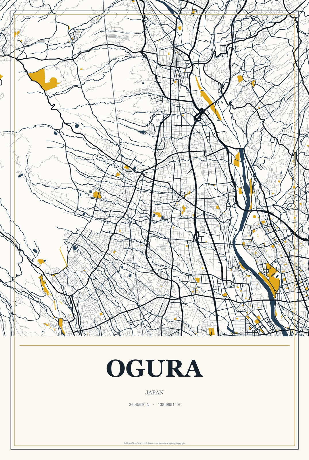 Ogura, Japan City Map Aluminum Sign in Citrine Modern style