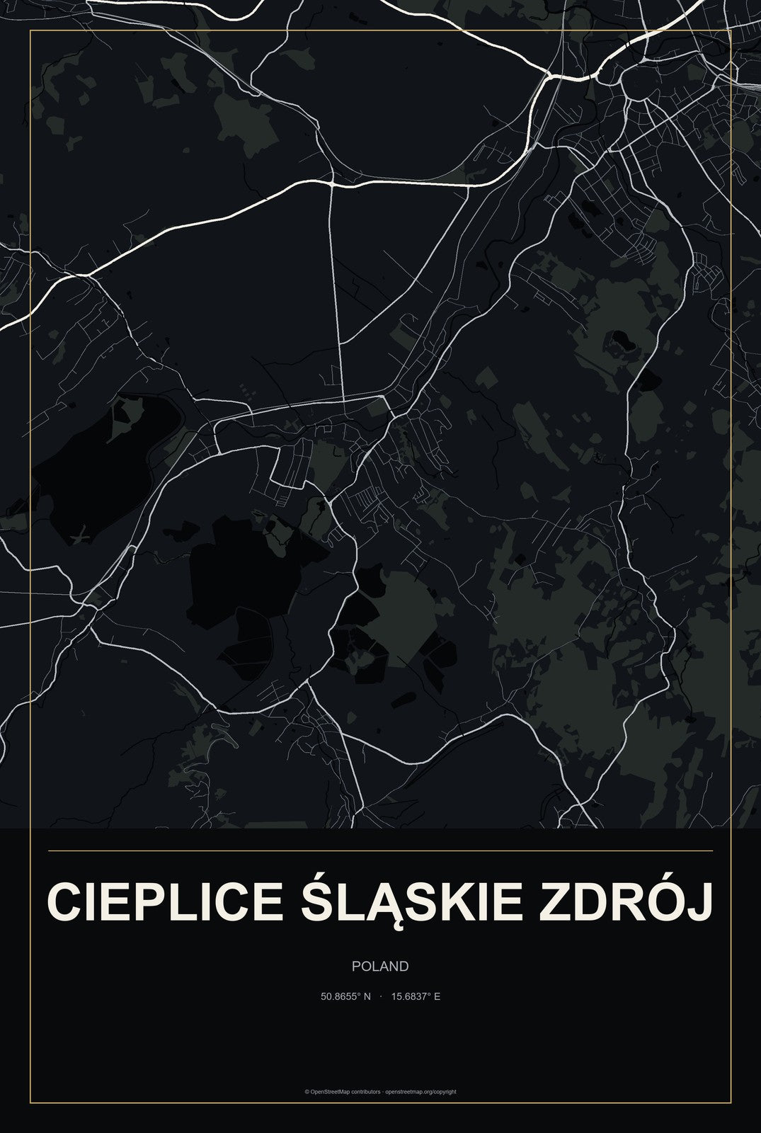 Cieplice Śląskie Zdrój, Poland City Map Aluminum Sign in Metropolitan Noir style