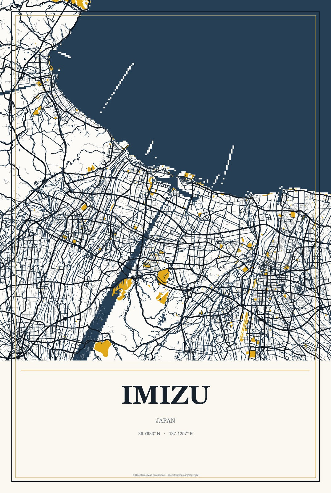 Imizu, Japan City Map Aluminum Sign in Citrine Modern style