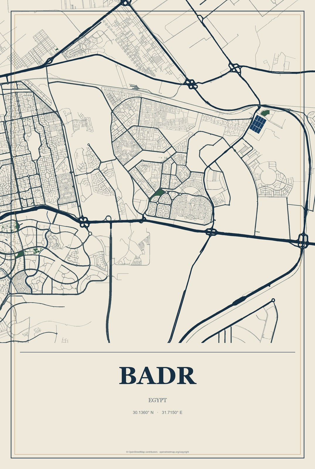 Badr, Cairo, Egypt City Map Aluminum Sign in Coastal Cutout style