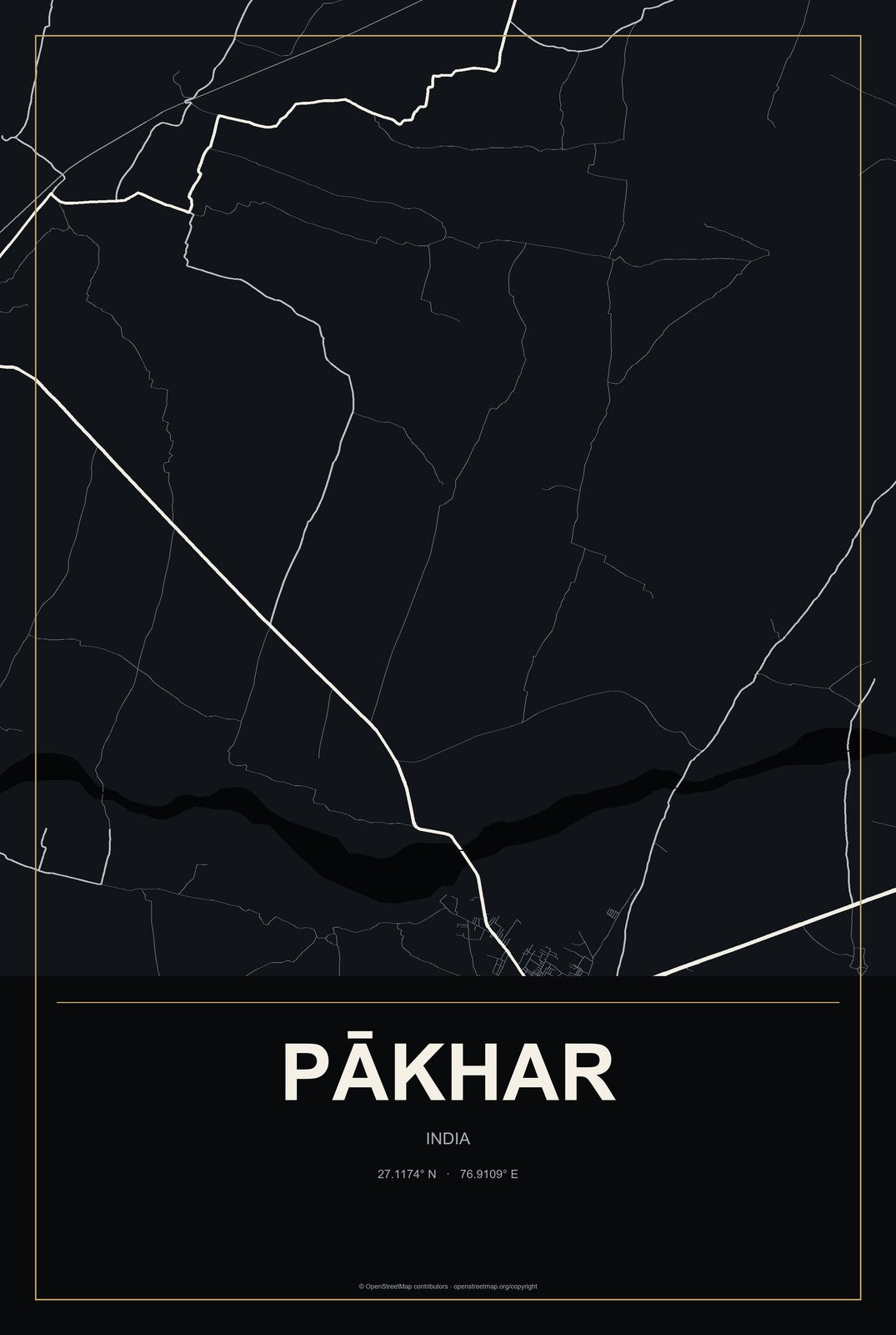 Pākhar, India City Map Aluminum Sign in Metropolitan Noir style