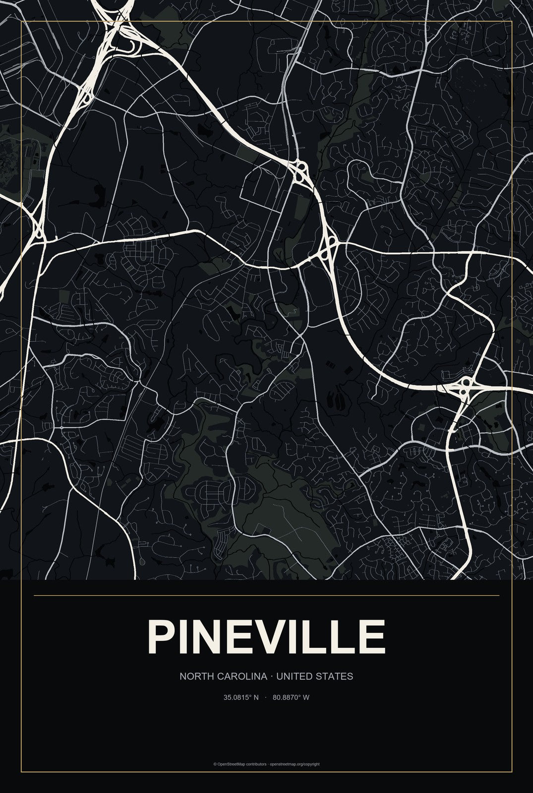 Pineville, North Carolina City Map Aluminum Sign in Metropolitan Noir style
