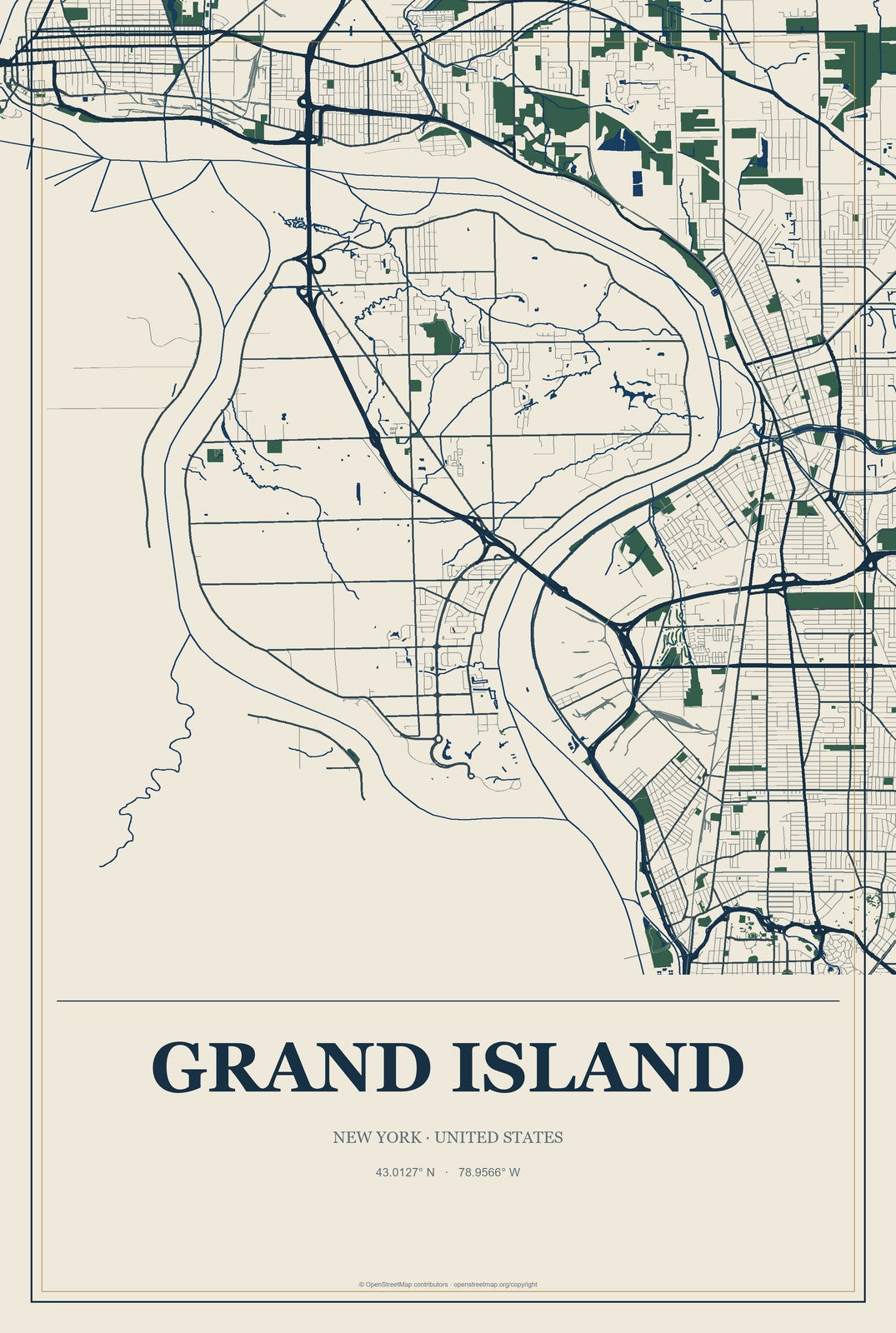 Grand Island, New York City Map Aluminum Sign in Coastal Cutout style